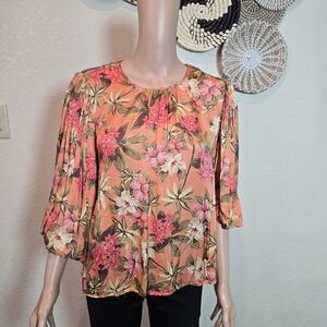 Tropical Floral Blouse - Orange and Pink